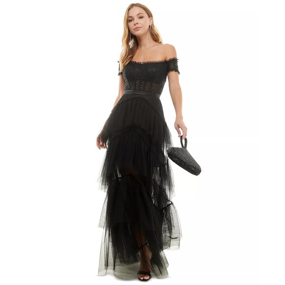CITY STUDIOS  Off-The-Shoulder Tiered Mesh Gown | 1 - Picture 1 of 5
